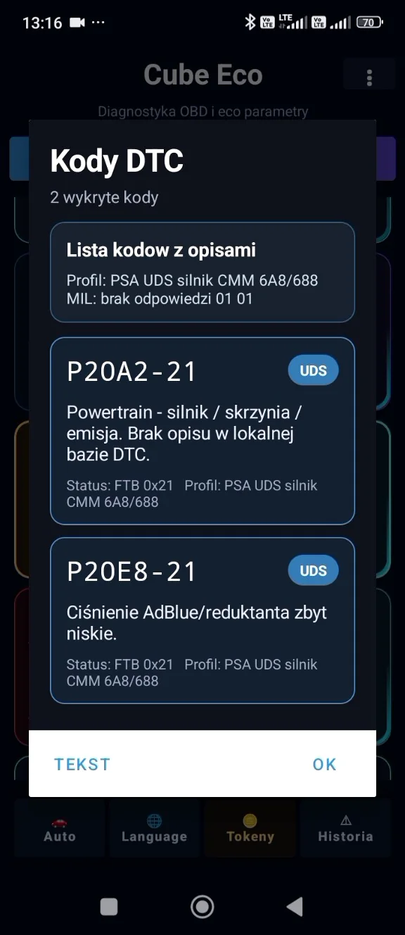 Kody DTC w aplikacji