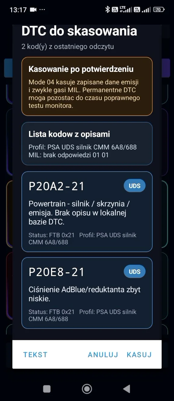 Kasowanie kodów DTC