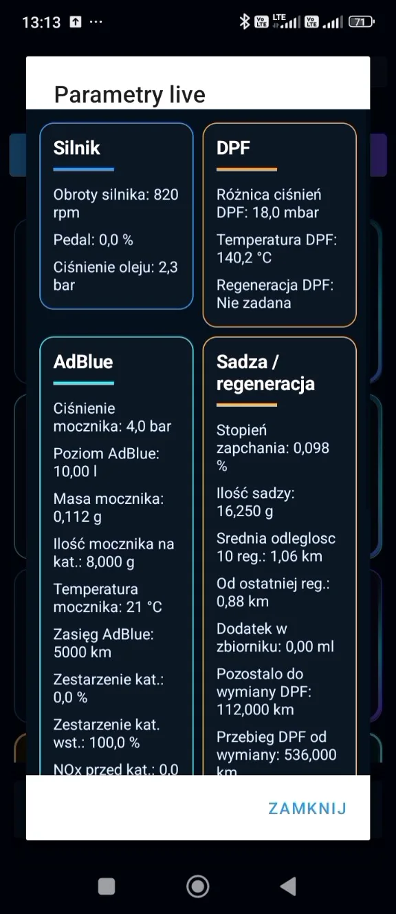 Parametry live w aplikacji